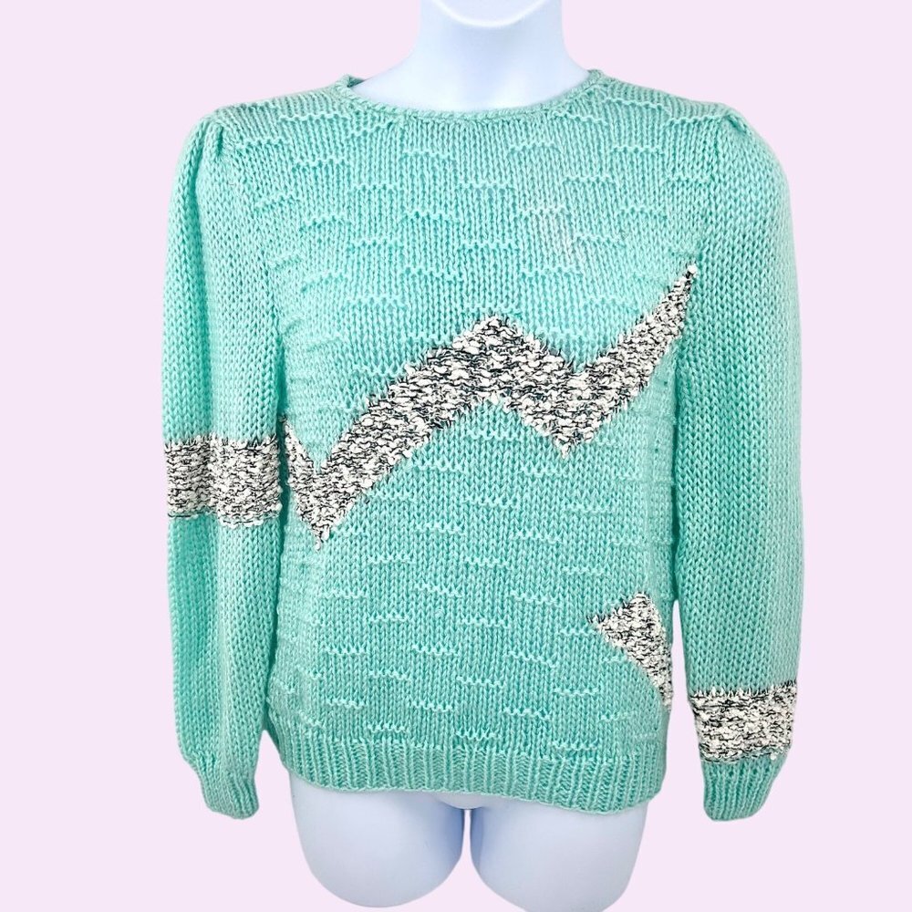 VINTAGE DEB HAND KNIT PASTEL MINT GREEN 80'S SWEATER - L